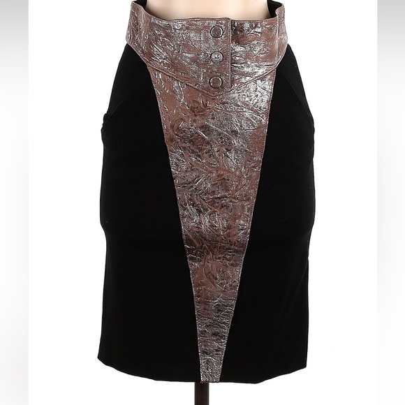 CATHERINE MALANDRINO Black Brown Leather Contrasted Pencil Skirt Size 4 Small S - Picture 1 of 6